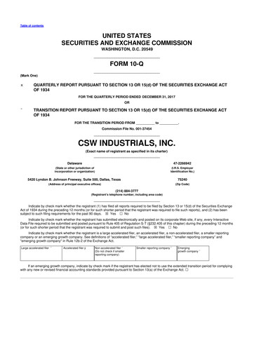 Thumbnail CSW Industrials
 10-Q Quarterly Report FY2018 