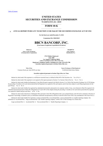 Thumbnail Hope Bancorp 10-K Annual Report 2014