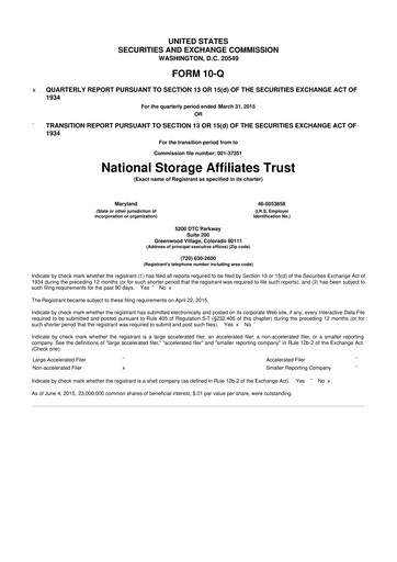 Thumbnail National Storage Affiliates Trust
 10-Q Quarterly Report FY2015 