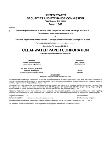 Thumbnail Clearwater Paper 10-Q Quarterly Report FY 