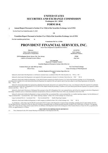 Thumbnail Provident Financial Services 10-K Annual Report 2015