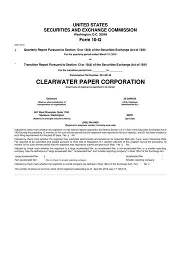 Thumbnail Clearwater Paper 10-Q Quarterly Report FY 