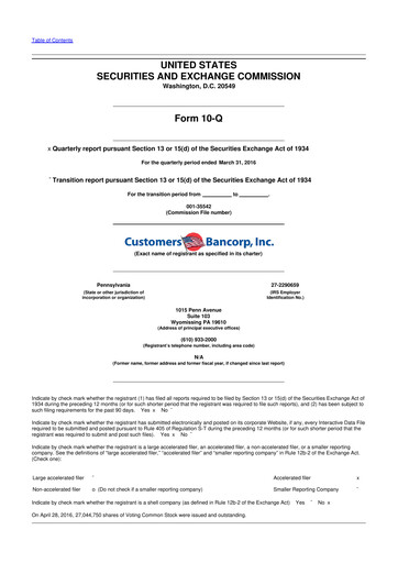 Thumbnail Customers Bancorp
 10-Q Quarterly Report FY2016 