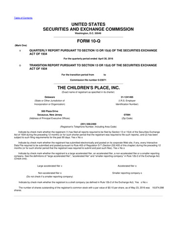 Thumbnail The Children's Place
 10-Q Quarterly Report FY2016 