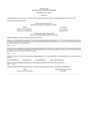 Thumbnail German American Bancorp 10-Q Quarterly Report FY2016 