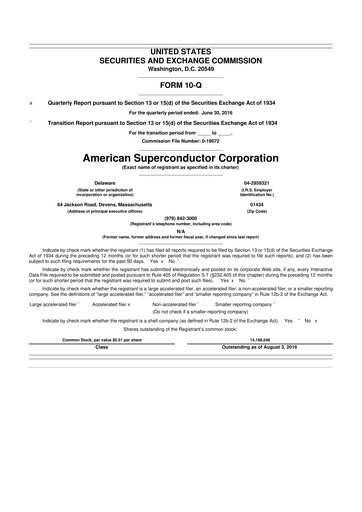 Thumbnail American Superconductor Corporation 10-Q Quarterly Report FY2016 