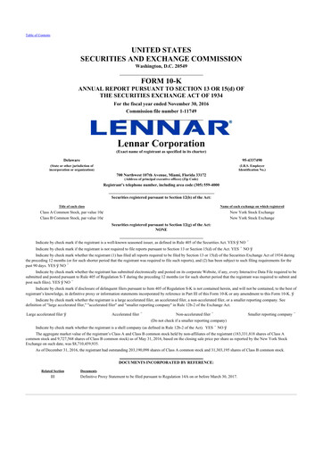Thumbnail Lennar 10-K Annual Report 2016