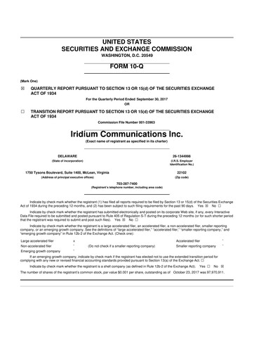 Thumbnail Iridium Communications 10-Q Quarterly Report FY 
