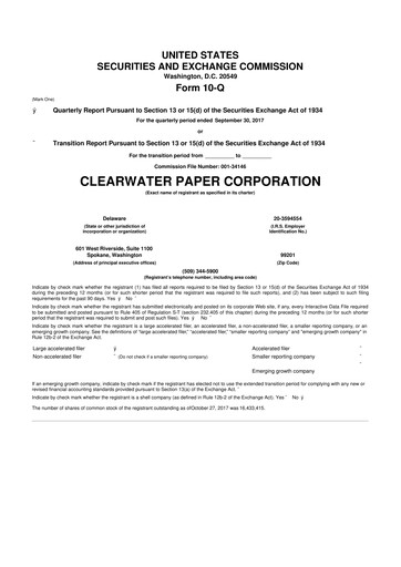 Thumbnail Clearwater Paper 10-Q Quarterly Report FY 