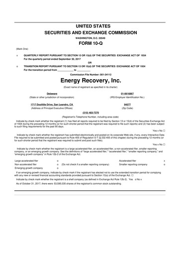 Thumbnail Energy Recovery
 10-Q Quarterly Report FY2017 