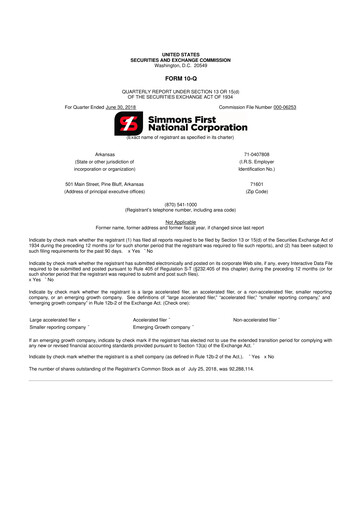 Thumbnail Simmons First National 10-Q Quarterly Report FY2018 