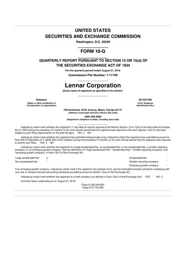 Thumbnail Lennar 10-Q Quarterly Report FY2018 