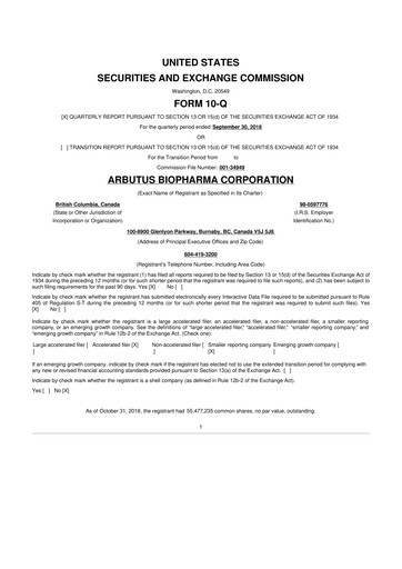 Thumbnail Arbutus Biopharma
 10-Q Quarterly Report FY 