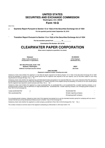 Thumbnail Clearwater Paper 10-Q Quarterly Report FY 