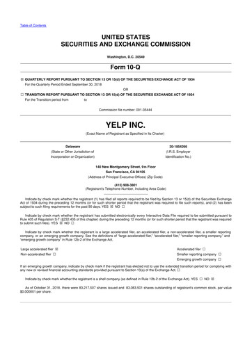 Miniature Yelp 10-Q Rapport trimestriel 2018 