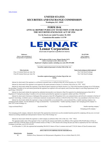 Thumbnail Lennar 10-K Annual Report 2018