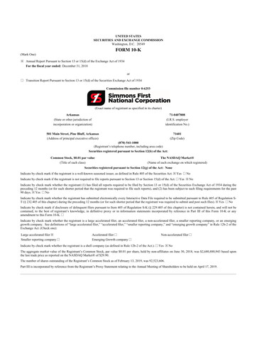 Thumbnail Simmons First National 10-K Annual Report 2018