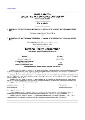 Thumbnail Terreno Realty
 10-Q Quarterly Report FY2019 