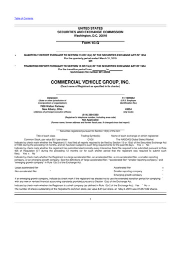 Miniature Commercial Vehicle Group (CVG) 10-Q Rapport trimestriel 2019 