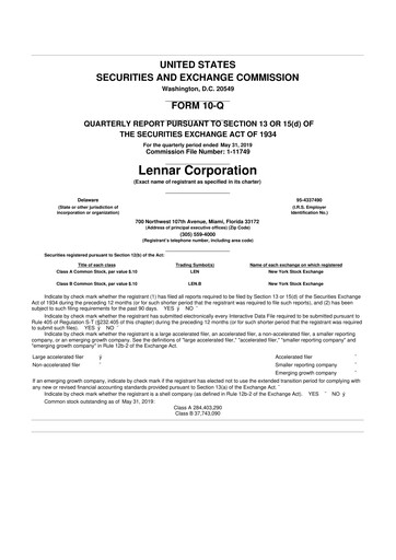 Thumbnail Lennar 10-Q Quarterly Report FY2019 