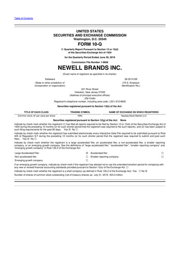 Thumbnail Newell Brands
 10-Q Quarterly Report FY2019 