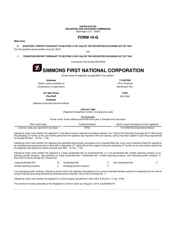 Thumbnail Simmons First National 10-Q Quarterly Report FY2019 