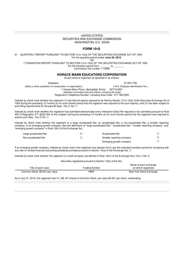 Thumbnail Horace Mann Educators 10-Q Quarterly Report FY2019 