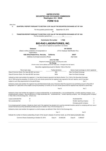 Thumbnail Bio-Rad Laboratories 10-Q Quarterly Report FY2019 