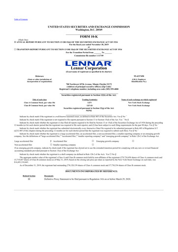 Thumbnail Lennar 10-K Annual Report 2019