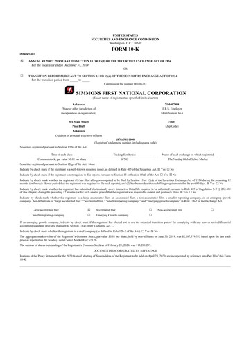 Thumbnail Simmons First National 10-K Annual Report 2019