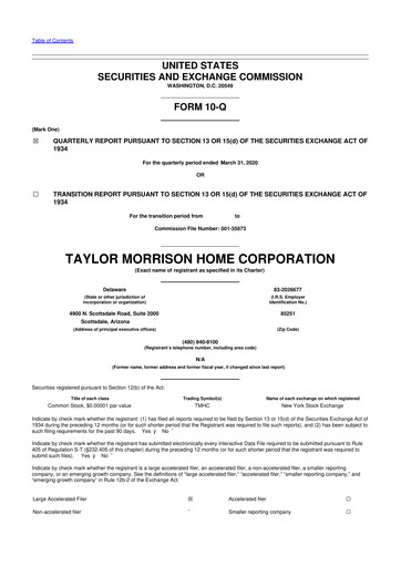Thumbnail Taylor Morrison
 10-Q Quarterly Report FY2019 