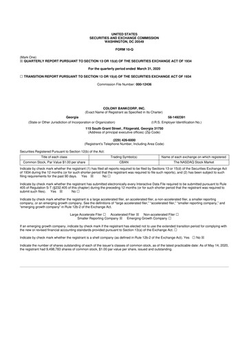 Thumbnail Colony Bankcorp 10-Q Quarterly Report FY2020 