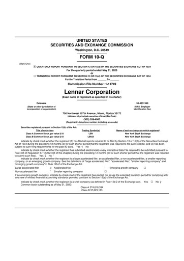 Thumbnail Lennar 10-Q Quarterly Report FY2020 