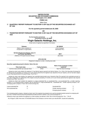Thumbnail Virgin Galactic
 10-Q Quarterly Report FY2020 