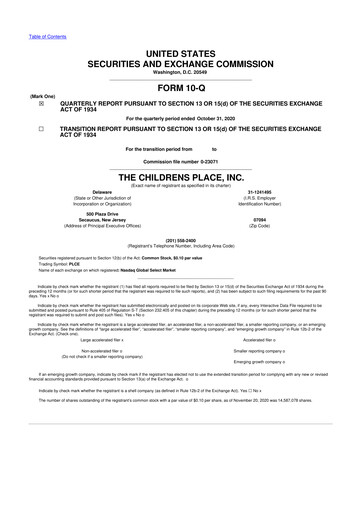 Thumbnail The Children's Place
 10-Q Quarterly Report FY2020 