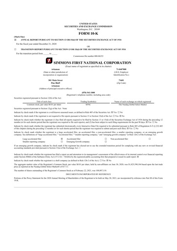 Thumbnail Simmons First National 10-K Annual Report 2020