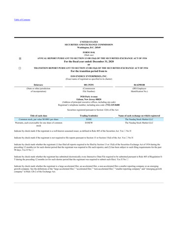 Thumbnail Eos Energy Enterprises 10-K Annual Report 2020