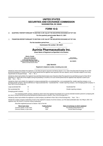 Thumbnail Aurinia Pharmaceuticals
 10-Q Quarterly Report FY 