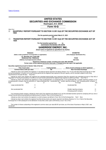 Miniature SandRidge Energy
 10-Q Rapport trimestriel 2021 