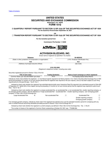 Thumbnail Activision Blizzard 10-Q Quarterly Report FY2021 