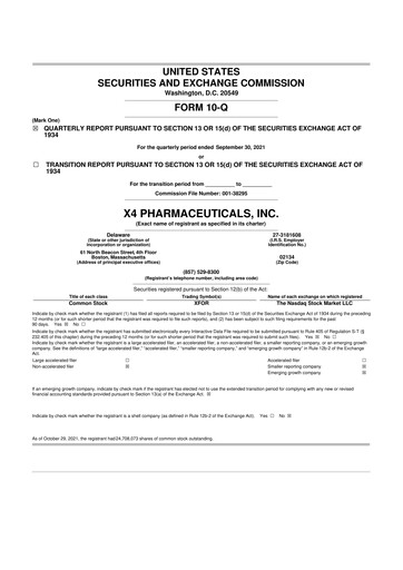Miniature X4 Pharmaceuticals
 10-Q Rapport trimestriel 2021 