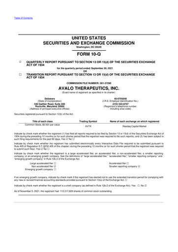 Miniature Avalo Therapeutics 10-Q Rapport trimestriel 2021 
