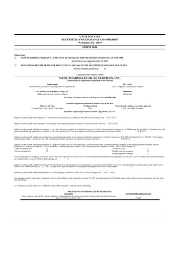 Thumbnail West Pharmaceutical Services 10-K Annual Report 2021