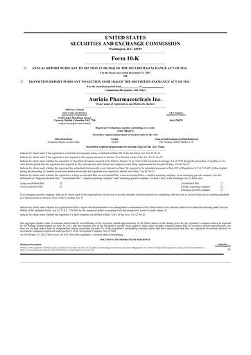 Vorschaubild Aurinia Pharmaceuticals
 10-K Jahresbericht 2021