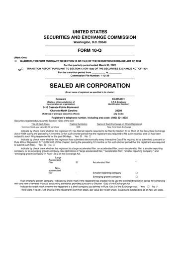 Miniature Sealed Air
 10-Q Rapport trimestriel 2022 