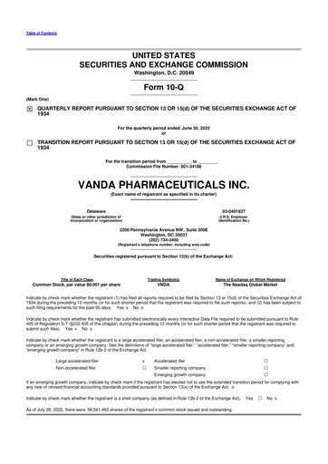 Thumbnail Vanda Pharmaceuticals 10-Q Quarterly Report FY2022 