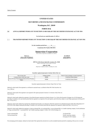 Thumbnail Immersion Corporation
 10-K Annual Report 2022