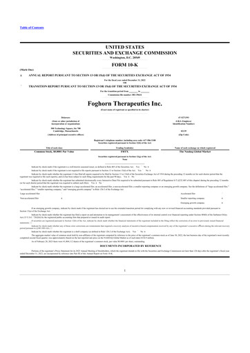 Miniature Foghorn Therapeutics 10-K Rapport annuel 2022