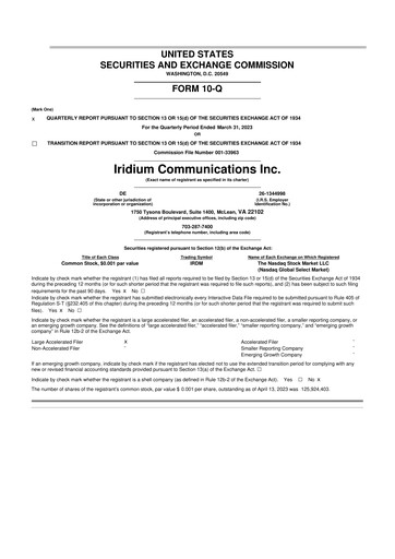 Thumbnail Iridium Communications 10-Q Quarterly Report FY 
