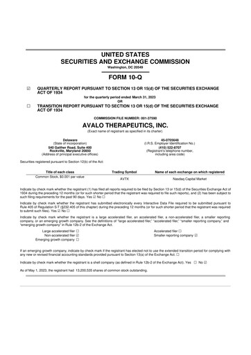 Miniature Avalo Therapeutics 10-Q Rapport trimestriel 2023 